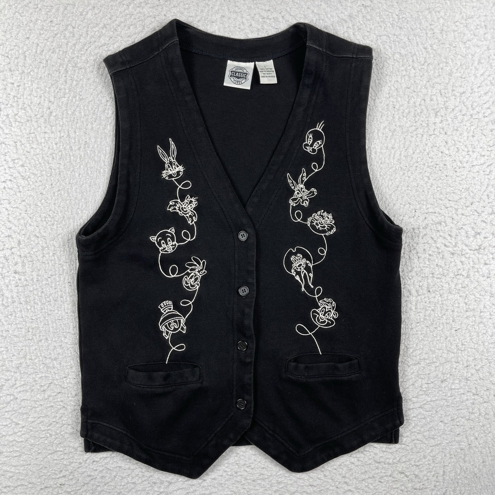Looney Tunes Sweater Vest Womens Large Black Embroidered Vintage 90s Cartoons